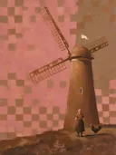 Schilderij van molen in poederroze en bruin, in vlakke kleurvlakken