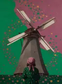 Schilderij van molen in smaragd en oud roze