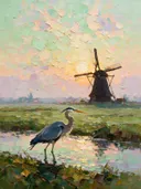Molen in tegenlicht in de mist, schilderij van molen