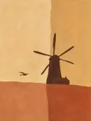 Schilderij van molen in terracotta en zand, in vlakke kleurvlakken