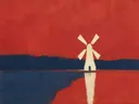 Schilderij van molen in vermiljoen en indigo, in vlakke kleurvlakken