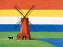 Schilderij van molen in vier heldere kleuren naast elkaar, in vlakke kleurvlakken