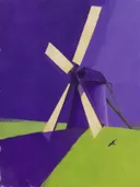 Schilderij van molen in violet en limoen