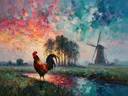 Molen in warm de ochtendmist tussen de bomen, schilderij van molen