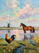 Molen in warm het vergezicht aan het water, schilderij van molen