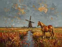 Molen in warm het volle beeld tussen de grassen, schilderij van molen