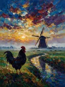 Molen in warm tegenlicht in de mist, schilderij van molen