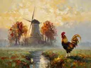 Molen in zacht de ochtendmist tussen de bomen, schilderij van molen