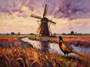 Molen in zacht het volle beeld tussen de grassen, schilderij van molen