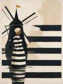 Schilderij van molen in zwart en gebroken wit, in vlakke kleurvlakken