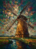 Molen tegen een donkerblauwe lucht, landschap schilderij
