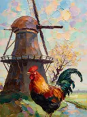 Molen van dichtbij bij bloesem in diep oranje, schilderij van molen van dichtbij bij bloesem, met het paletmes geschilderd...