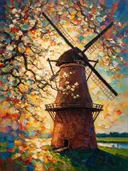 Molen van dichtbij bij bloesem in goud, schilderij van molen van dichtbij bij bloesem, met het paletmes geschilderd, op ca...