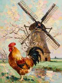 Molen van dichtbij bij bloesem in warm oranje, schilderij van molen van dichtbij bij bloesem, met het paletmes geschilderd...