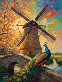 Molen van dichtbij bij bloesem, schilderij van molen van dichtbij bij bloesem, met het paletmes geschilderd