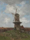 Molen van Jacob Maris: landschap met molen, wolken, weiland en lucht, in gedempt grijsblauw