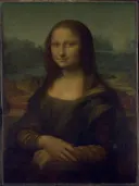 Mona Lisa van Leonardo da Vinci: portret met vrouw, glimlach, landschap achtergrond en handen, in donker olijfbruin