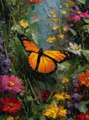 Schilderij van een monarchvlinder in een kleurrijk bloemenveld