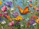 Schilderij van een oranje vlinder boven een paarse bloemenweide