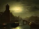 Mondschein über dem Kanal 1857 van Petrus van Schendel: stad met maanlicht, kanaal, brug en boten, in gedempt grijsgroen met goud