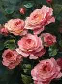 Schilderij van een bos zachtroze rozen tegen donker loof