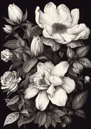 Monochroom schilderij van een bloemenboeket