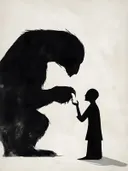Silhouet van groot wezen naast klein figuurtje