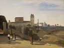 Monte Pincio, Rome van Jean-Baptiste-Camille Corot: stad met Rome, gebouwen, toren en pad, in licht oker en blauw