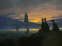 Moonrise over the Sea van Caspar David Friedrich: zee met maan, schepen, zee en rotsen, in donkerblauw met goud