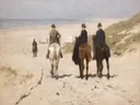 Morgenrit langs het strand van Anton Mauve: zee met strand, paarden, ruiters en duinen, in licht beige en grijsblauw