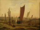 Morning van Caspar David Friedrich: zee met boten, zeilschip, ochtend en water, in warm okergeel met rood