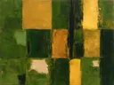 Abstract schilderij met het paletmes in mosgroen en amber