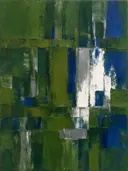 Abstract schilderij met het paletmes in mosgroen en kobalt