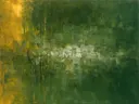 Abstract schilderij met het paletmes in mosgroen en mosterd