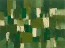 Mosgroen en smaragd in twintig vakken, abstract schilderij met het paletmes