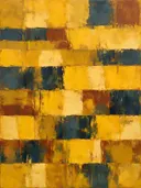 Abstract schilderij met het paletmes in mosterd en oker