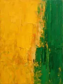 Abstract schilderij met het paletmes in mosterd en smaragd