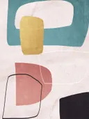 Abstract schilderij met mosterdgeel, roze en teal vlakken
