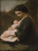Mother and Child van Jean-Baptiste-Camille Corot: figuren met moeder, kind, baby en zittend, in donkerbruin en wit