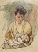 Mother Rose looking down at her Sleeping Baby van Mary Cassatt: figuren met moeder, baby, kind en zittend, in zacht okergeel en beige