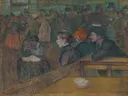 Moulin de la Galette van Henri de Toulouse-Lautrec: figuren met dansgelegenheid, mensen, tafels en hoeden, in warm oranje en grijsblauw
