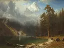 Mount Corcoran van Albert Bierstadt: landschap met bergen, meer, dennen en sneeuw, in blauwgrijs en groen