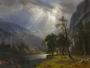 Mount Starr King, Yosemite van Albert Bierstadt: landschap met bergen, rivier, bomen en rotsen, in blauwgrijs en groen