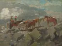 Mount Washington van Winslow Homer: landschap met paarden, ruiters, bergen en rotsen, in gedempt bruin en groen