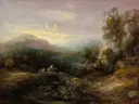 Mountain Landscape with Bridge van Thomas Gainsborough: landschap met bergen, brug, bomen en vergezicht, in warm bruin met blauw