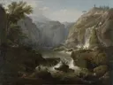 Mountains at Saint-Rémy van Claude-Joseph Vernet: landschap met waterval, rotsen, bomen en rivier, in gedempt groen en grijs