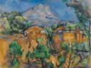 Mountains Mont Sainte-Victoire Seen from the Bibémus Quarry van Paul Cezanne: landschap met berg, rotsen, bomen en zuiden, in oranje groen en blauw