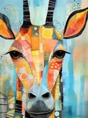Close-up van een giraffekop opgebouwd uit kleurrijke patchwork-vlakken tegen blauwe achtergrond