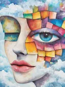 Popart schilderij van een gezicht met een kleurrijk mozaïekoog tegen een wolkenlucht