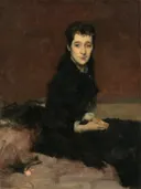 Mrs. Charles Gifford Dyer (Mary Anthony) van John Singer Sargent: portret met vrouw, zittend, hondje en donkere jurk, in donkerbruin